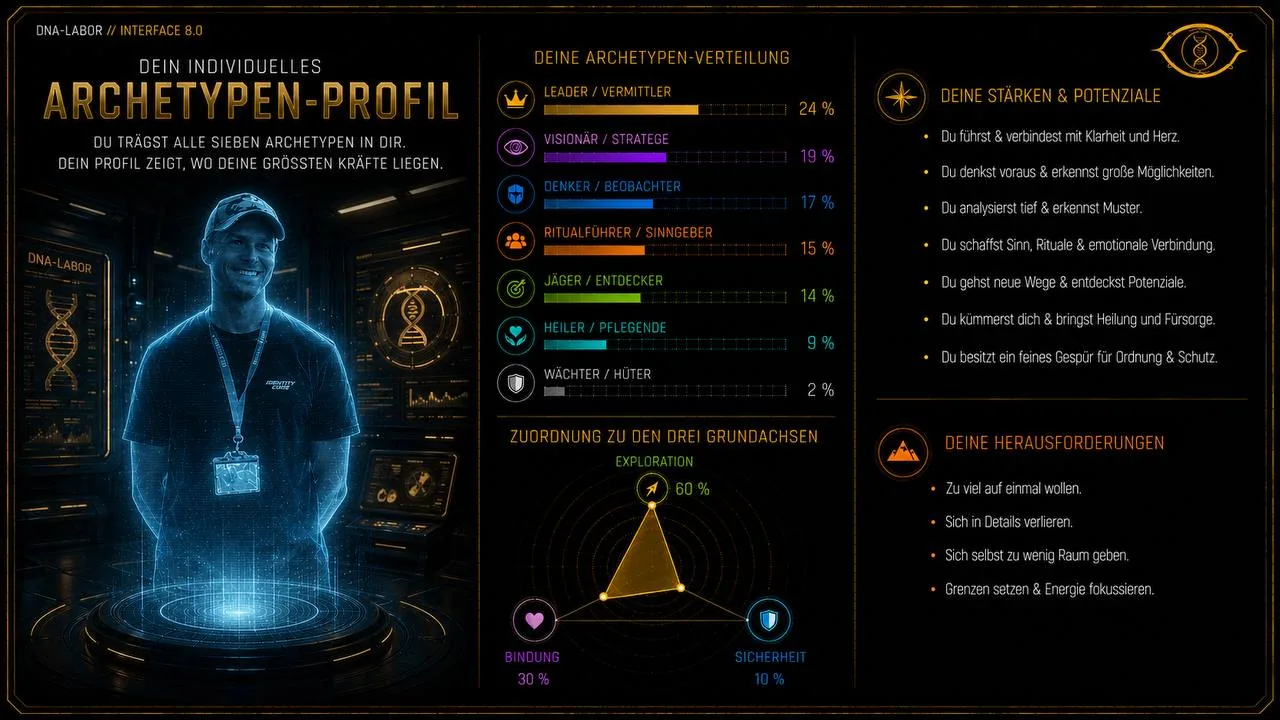 Archetypen-Profil in der Identity Code App: Verteilung aller Archetypen, drei Grundachsen, Stärken und Herausforderungen